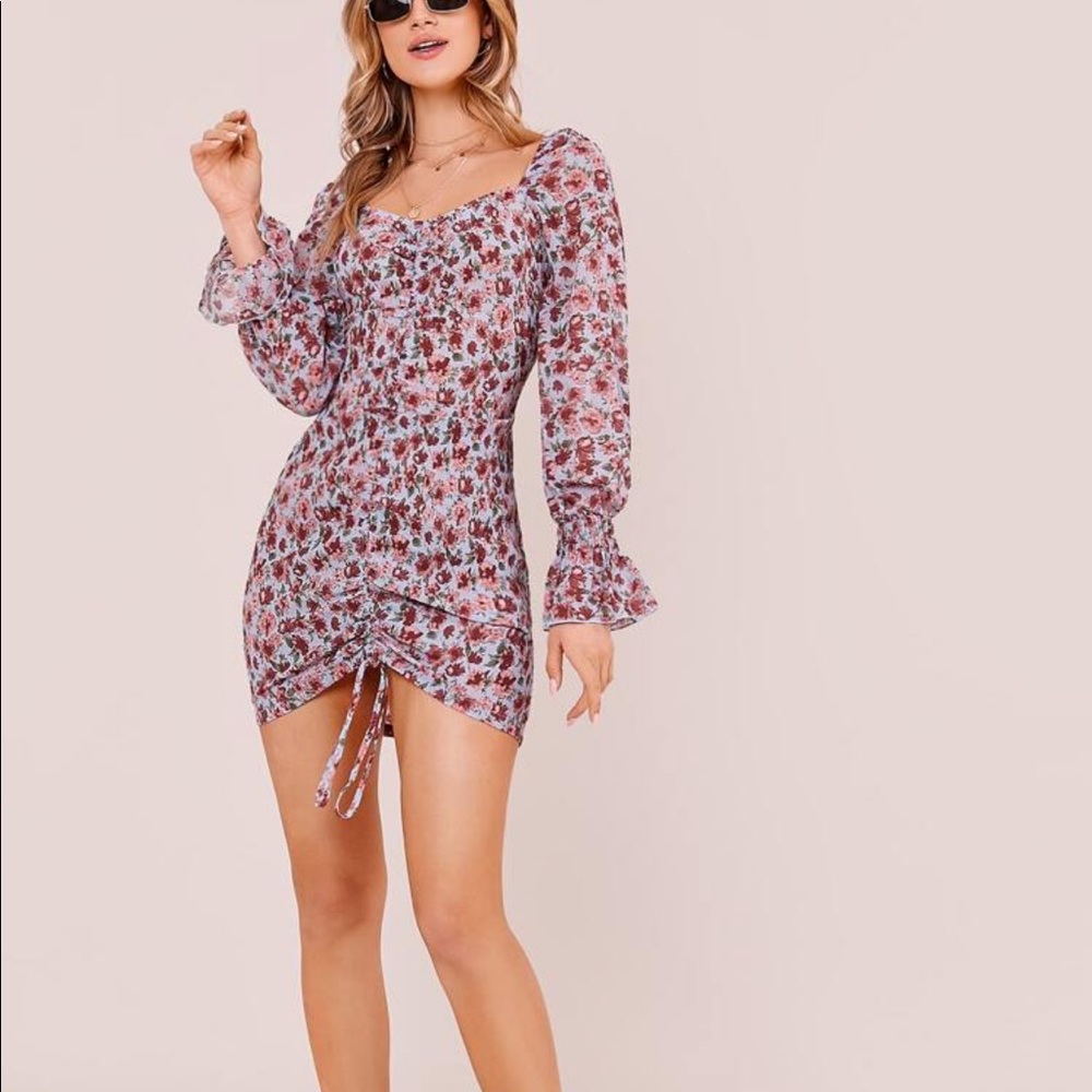 SHEIN Shirred Ruffle Cuff Floral Print Dress